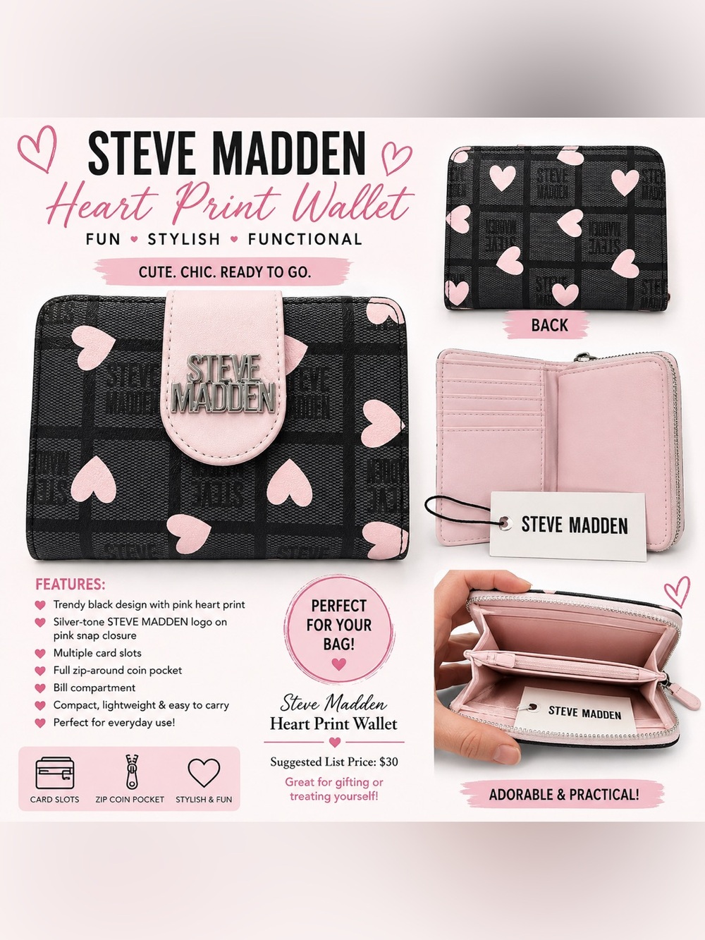 Steve Madden Black Wallet with Pink Heart Print